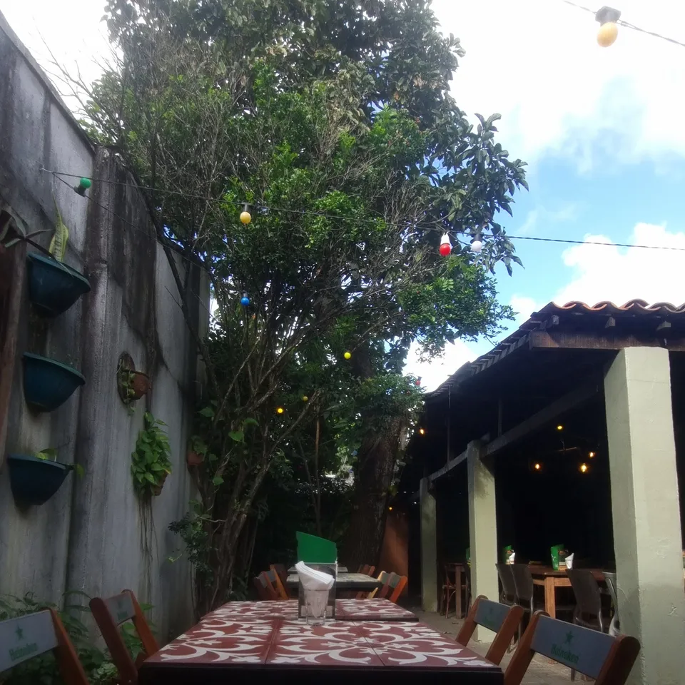 Canto das jardineiras no quintal do Pitaco, mesas vazias de manhã